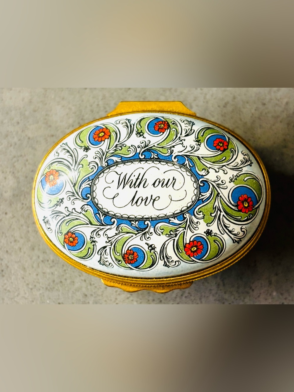 British Handmade “Halcyon Days” Petite Enamel Oval with 'With our love' Script